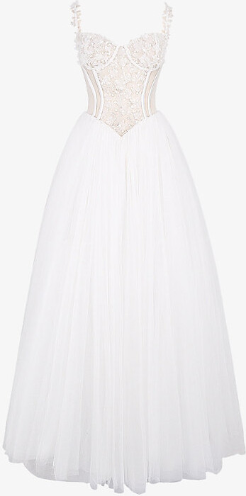 Womens White Floral Nathalie Bodice Lace and Tulle Bridal Gown L