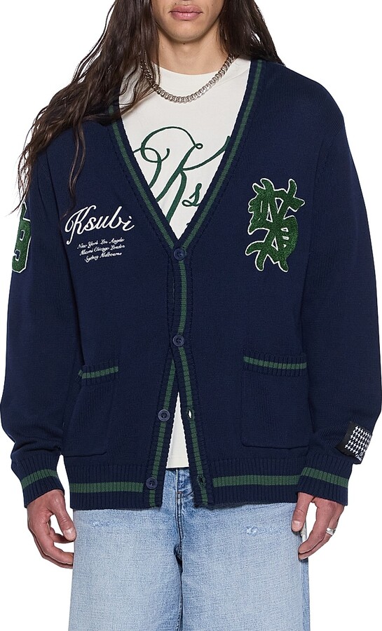 Ksubi Men's Playoff Varsity Logo-Embroidered Oversized Cardigan - Navy - Size Small