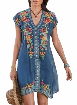 FIYOTE Women's Vintage Ethnic Style Printed Tie Neck Loose Fit Bohemian Tunic Dress Blue L