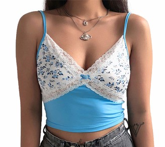 FASBB Women Sexy Lace Crop Top Patchwork V Neck Spaghetti Tank Top Camisole Strap Corset Bustier top Y2K Summer Streetwear (B-Black S)