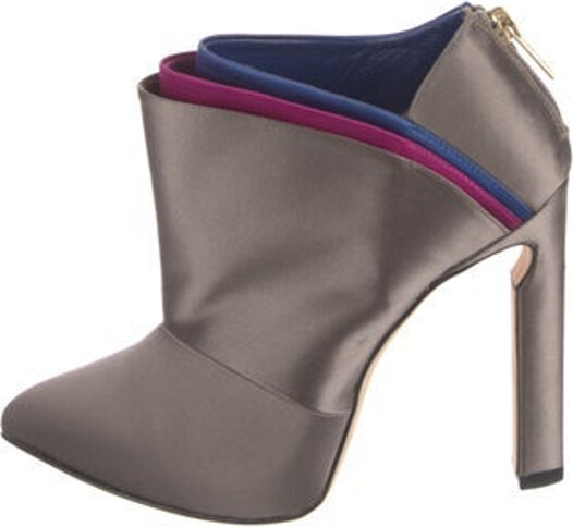 Jimmy Choo Satin Ankle Boots Grey Colorblock Pattern Pointed-Toes Platform Exposed Zip Closure at Ankles Includes Box & Dust Bag