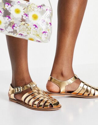 ASOS DESIGN Wide Fit Marina leather fisherman flat shoes in metallic gold