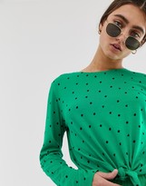 Thumbnail for your product : Monki long sleeve tie front top in green triangle polka dots