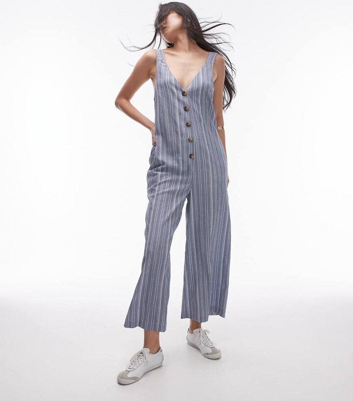 Topshop textured button down jumpsuit in stripe ShopStyle