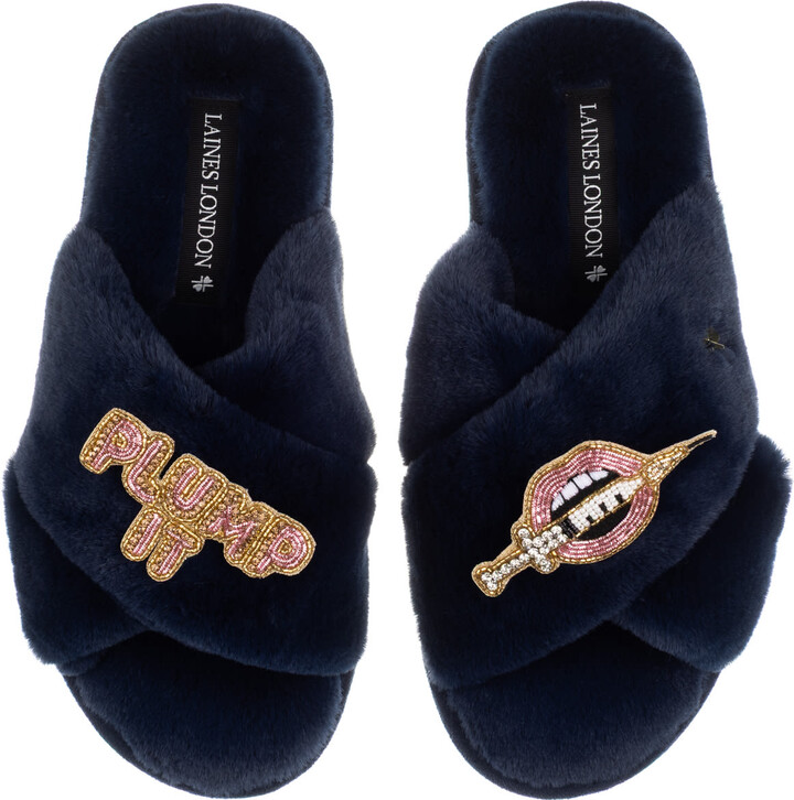 Laines London Blue Classic Laines Slippers With Plump It Pout Brooches - Navy