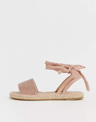 Jamila ASOS DESIGN Wide Fit rhinestone tie leg espadrille sandals in rose gold
