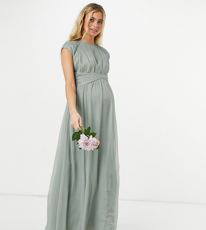 ASOS Maternity DESIGN Maternity Bridesmaid ruched bodice maxi dress with  cap sleeve detail in olive - ShopStyle