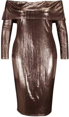 boohoo Plus Metallic Off The Shoulder Midi dress