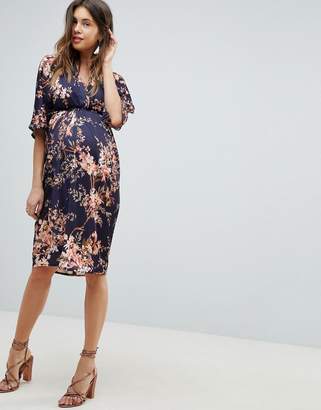 Hope And Ivy Maternity Hope & Ivy Maternity Kimono Sleeve Midi Dress With Tie Belt Detail In Floral Print