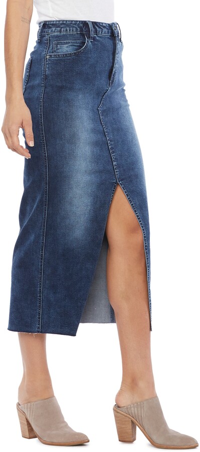 knee length denim skirt with front split