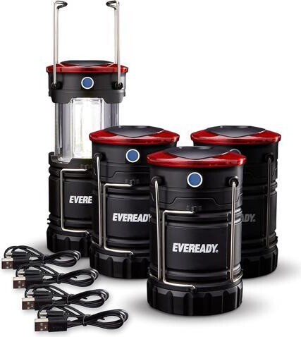 WOOJONG Eveready LED Camping Lanterns (4-Pack), Hybrid Power Rechargeable Collapsible Lantern Flashlights, Ultra Bright Tent Lights for Outdoors, Camping,...