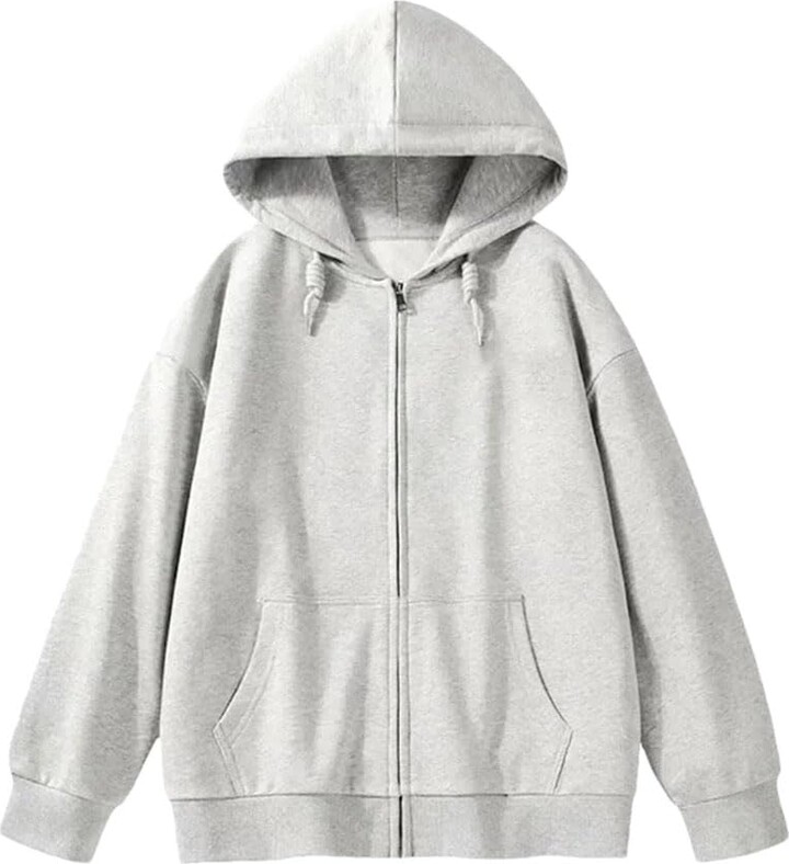 Generic Women's Hoodies Pockets Zip-Up Simple O-Neck Solid Color Casual Drawstring Sweatshirts Griege XL