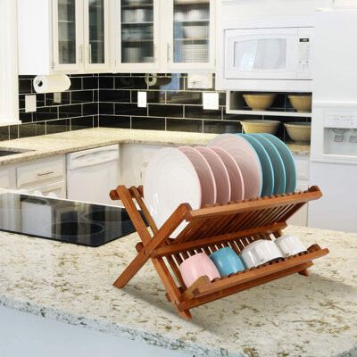 COOREL Teak Dish Drainer Rack Collapsible 2 Tier Dish Rack Dish Drying Rack Foldable Plate Organizer Holder