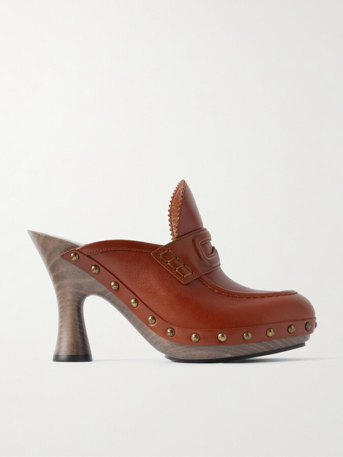 Burberry Studded Leather Mules - Brown