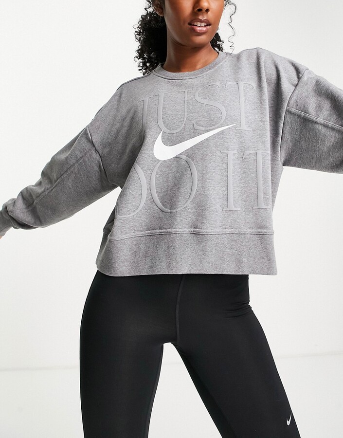 Nike Training Dri-FIT Get Fit Just Do It crew neck crop sweatshirt in gray  - ShopStyle