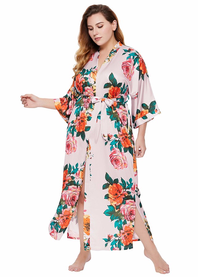 BABEYOND Plus Size Charmeuse Satin Kimono Dressing Gown Blossoms ...