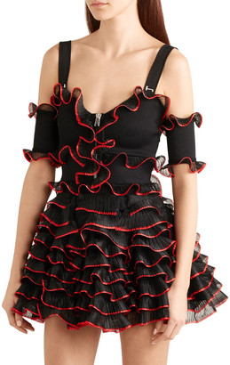 Alexander McQueen Cold-shoulder Ruffled Ribbed-knit Mini Dress