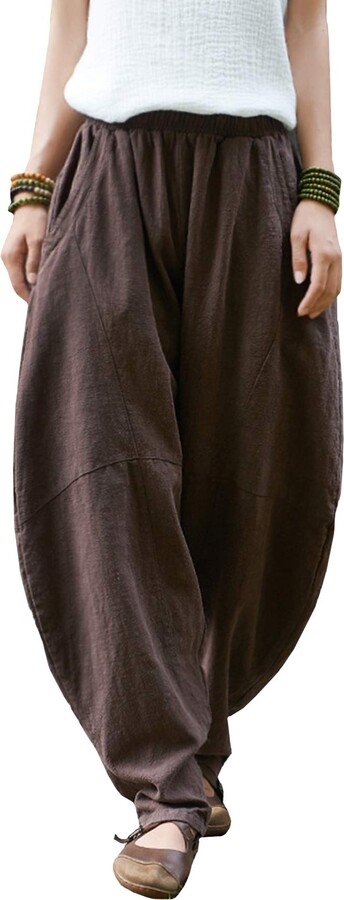 Happy Cherry Cotton Linen Pants for Women Wide Leg Elastic Waist Pants with Pockets