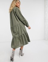 Thumbnail for your product : Only tiered midi dress with high neck in khaki