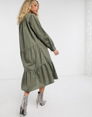 Only tiered midi dress with high neck in khaki