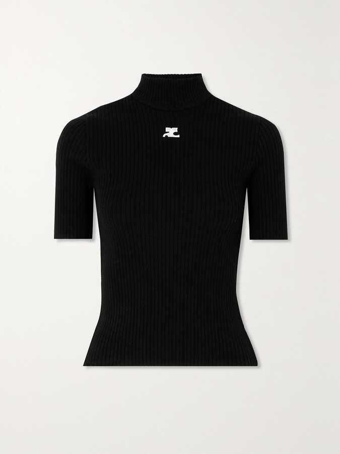 Courreges Embroidered Ribbed-knit Top - Black