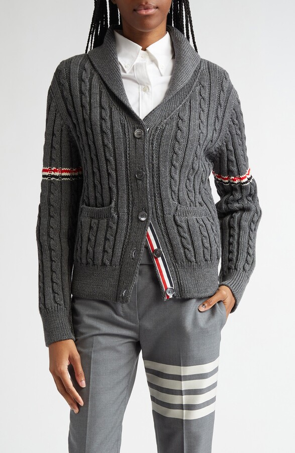 Thom Browne Shawl Collar Cable Knit Virgin Wool Cardigan