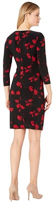 Lauren Ralph Lauren Printed Matte Jersey Cleora Long Sleeve Day Dress (Black/Scarlet Red) Women's Clothing