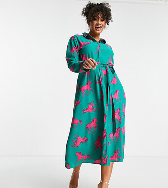 Twisted Wunder Plus horse print shirt dress in green - ShopStyle