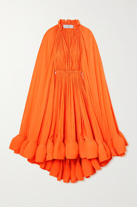 Lanvin - Cape-effect Tie-detailed Ruffled Charmeuse Dress - Orange