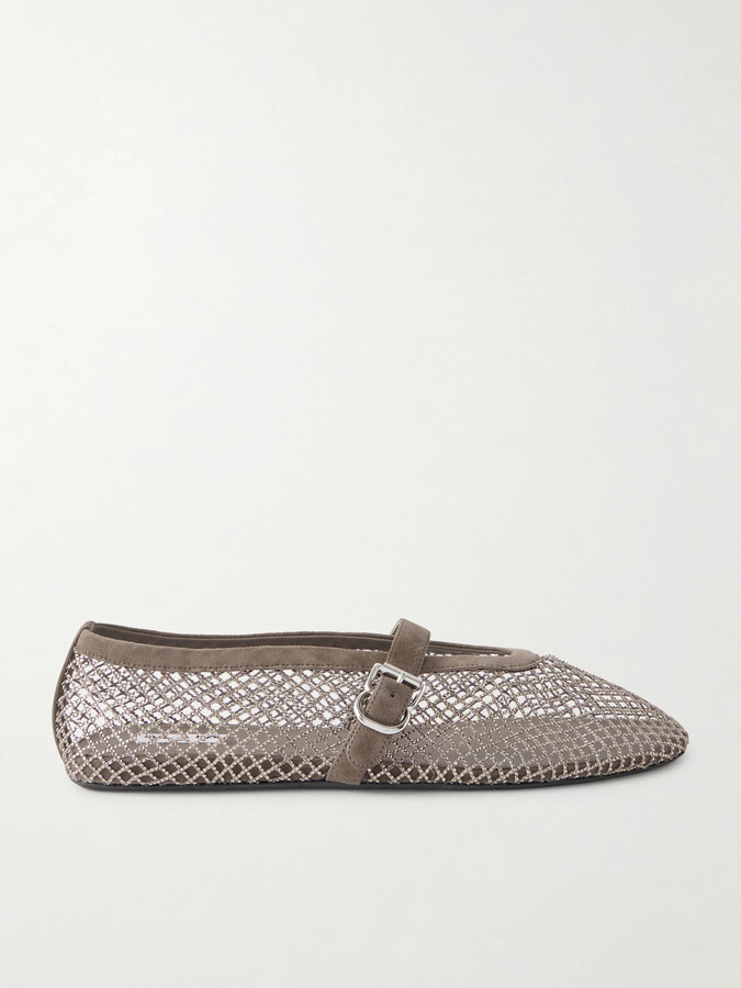 Alaia Crystal-embellished Suede-trimmed Mesh Ballet Flats - Silver