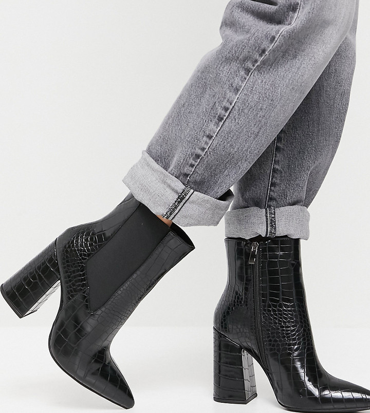 Simmi Wide Fit Simmi London Wide Fit block heel ankle boots in black croc -  ShopStyle