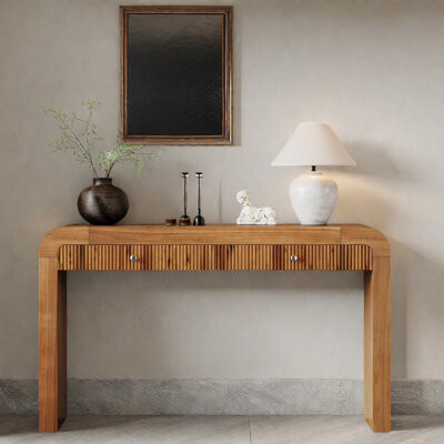 Gracie Oaks Rustic Console Table With Fluted Front Design 2 Drawers Curved Corners & Thick Legs