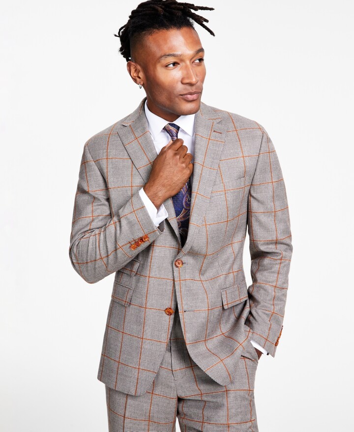 Tayion Collection Men's Classic-Fit Brown & Gray Plaid Suit Separates ...