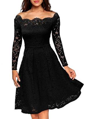 Anxihanee Women's Vintage Floral Lace Boat Neck Wedding Party Cocktail Formal Swing Dress (S, )