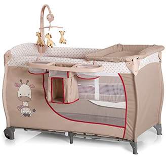 Hauck Babycenter, Folding Travel Cot from Birth to 15 kg, with Bassinet and Changing Top, Folding Mattress, Wheels, Nappy Station, Cot Mobile and Carry Bag - Giraffe Beige