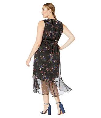 Vince Camuto Specialty Size Plus Size Sleeveless Ruffled Hem Belted Country Bouquet Dress (Rich Black) Women's Dress