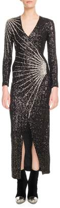Balmain V-Neck Long-Sleeve Constellation-Embellished Paillette Evening Gown