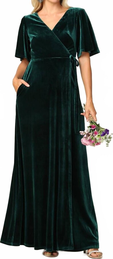 Oslo Flutter Half Sleeve Velvet Wrap Evening Dress In Hunter Green
