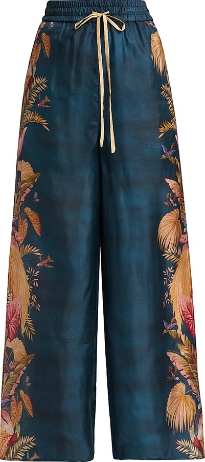 Zimmermann Women's Ascension Silk Relaxed Pants - Dark Blue Palm Floral - Size 0