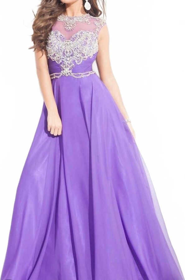 RACHEL ALLAN Beaded High Mesh Neckline Chiffon Gown In Purple