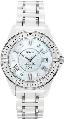Bulova Mother Of Pearl And Diamond Set Date Dial White Ceramic And Silver  Detail Bracelet Ladies Watch - ShopStyle