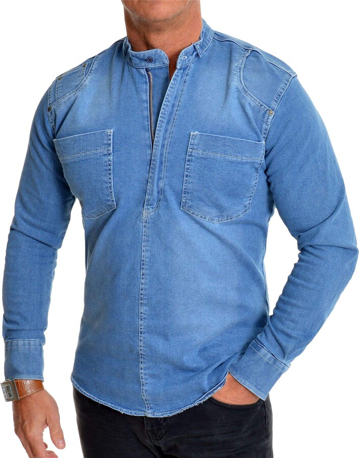 D&R Fashion Men's Heavy Duty Denim Jean Shirt Zipper Grandad Collar ...