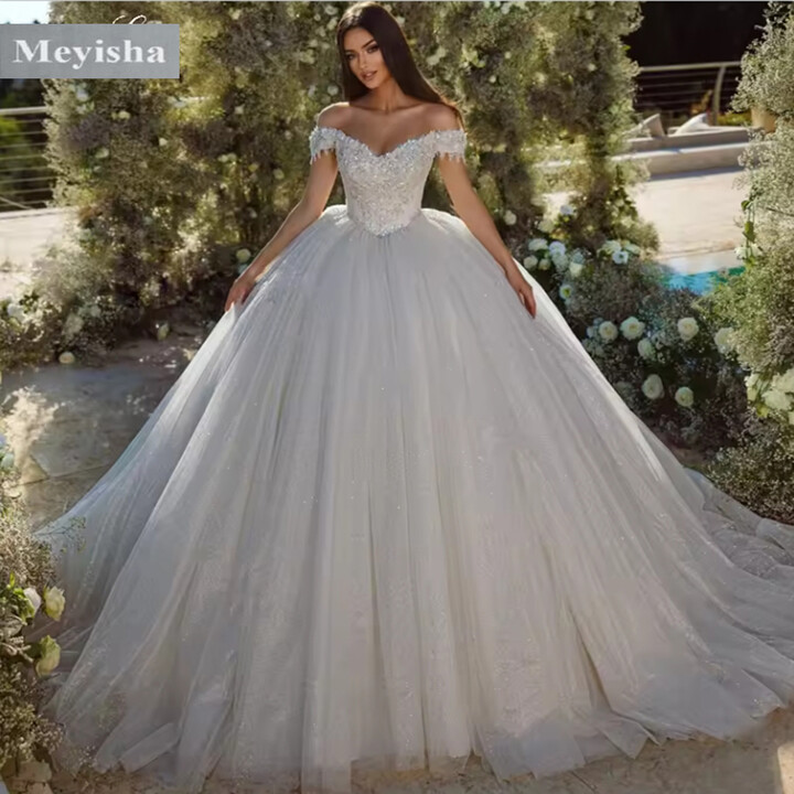 Meyisha/Mei Yi Sha Customized ZJ9387 Sweetheart Appliques Sequined Wedding Dress 2025 Court Train Tulle Off the Shoulder New Style Ball Gown Bridal