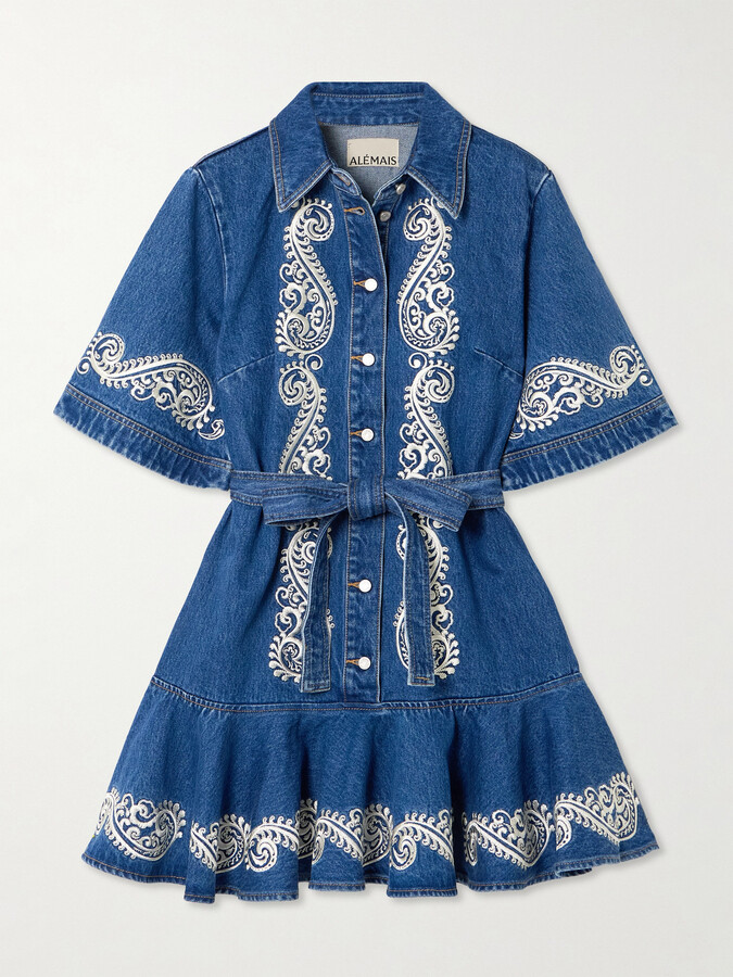 ALÉMAIS ALÉMAIS - Jacones Belted Embroidered Denim Mini Dress - Blue