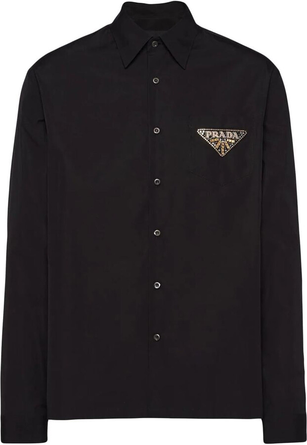 トップス PRADA Triangle Logo Long Sleeve Tee PRADA || Silver Mettalic Triangle Logo Long Sleeves Shirt