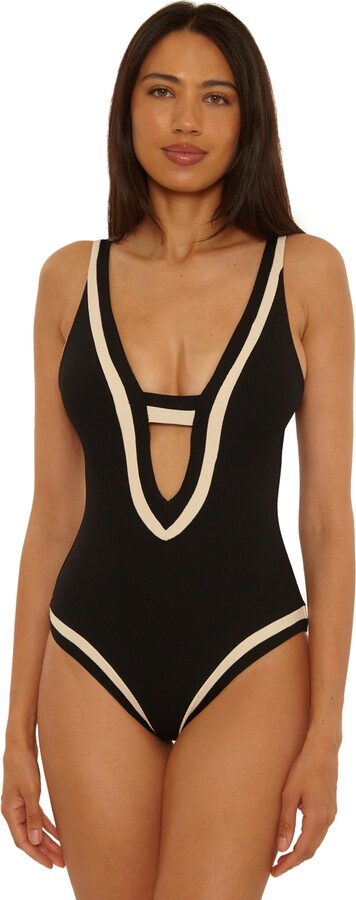 Becca Women's Rib Color-Block One-Piece Swimsuit - Black/tan