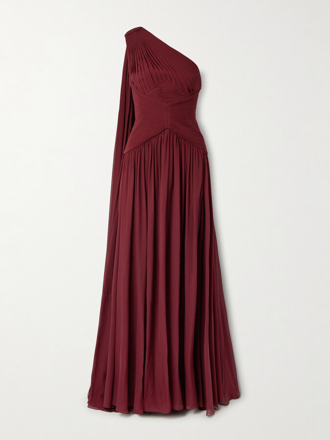 Elie Saab One-shoulder Draped Gathered Silk-georgette Gown - Burgundy