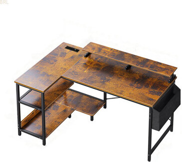 47'' Gaming Desk With Power Outlets, Reversible L Shaped Computer Desk With Monitor Stand & Storage Shelves, Corner Home Office Desk With Side Bag For