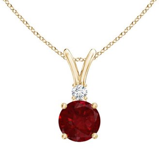 Pretty Jewellery Round Red Ruby & White Diamond in 14K Yellow Gold Fn S925 Solitaire Pendant Necklace