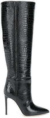 black leather stiletto knee high boots
